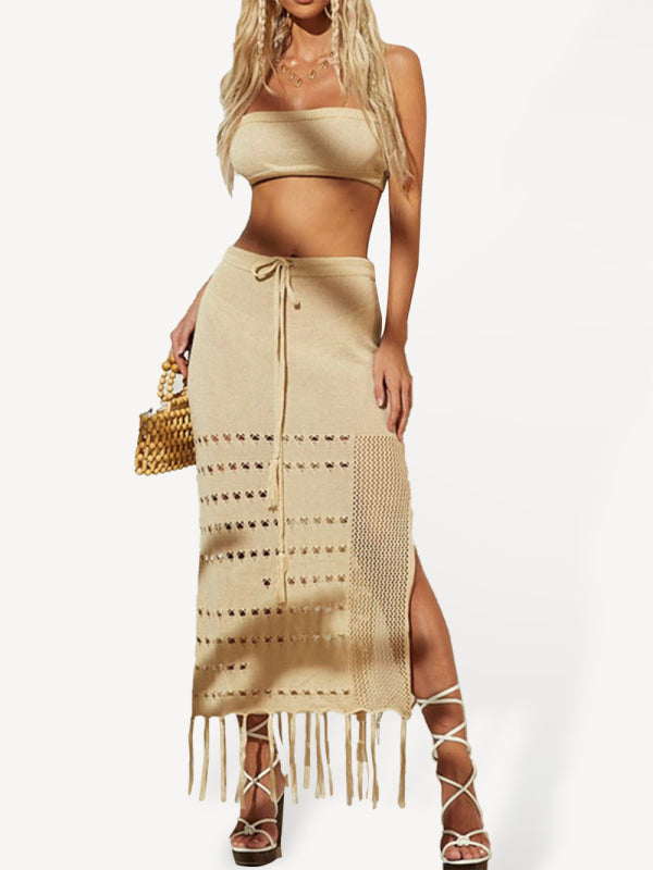 Women's bikini cover-up top wrap chest dress two-piece tie-up tassel beach sunscreen dress Khaki