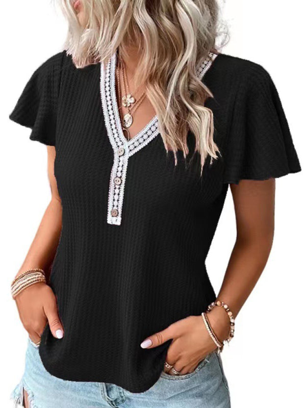 Waffle Knit V-Neck Tank Top Dropped Shoulder Women's Sleeveless Tee Black