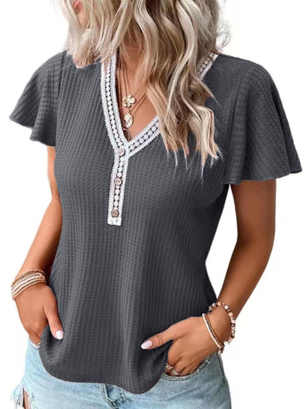 Waffle Knit V-Neck Tank Top Dropped Shoulder Women's Sleeveless Tee Charcoal grey