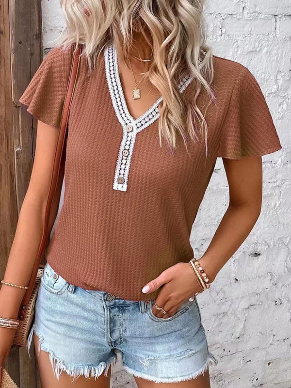 Waffle Knit V-Neck Tank Top Dropped Shoulder Women's Sleeveless Tee caramel
