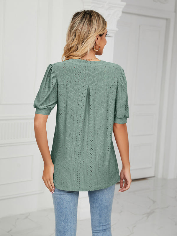 V-Neck Hollow Puff Sleeve Tank Top Rayon Women's Knit Blouse