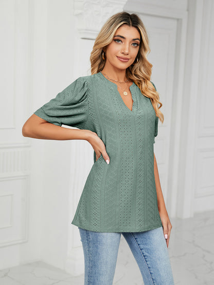 V-Neck Hollow Puff Sleeve Tank Top Rayon Women's Knit Blouse