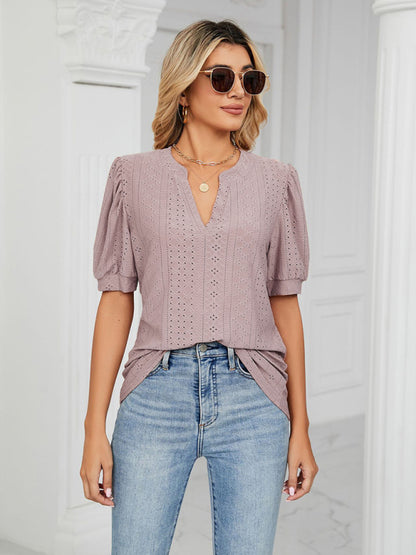 V-Neck Hollow Puff Sleeve Tank Top Rayon Women's Knit Blouse