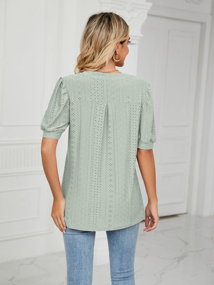V-Neck Hollow Puff Sleeve Tank Top Rayon Women's Knit Blouse