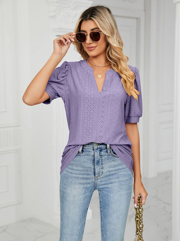 V-Neck Hollow Puff Sleeve Tank Top Rayon Women's Knit Blouse Purple