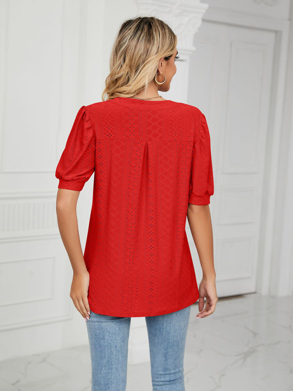 V-Neck Hollow Puff Sleeve Tank Top Rayon Women's Knit Blouse