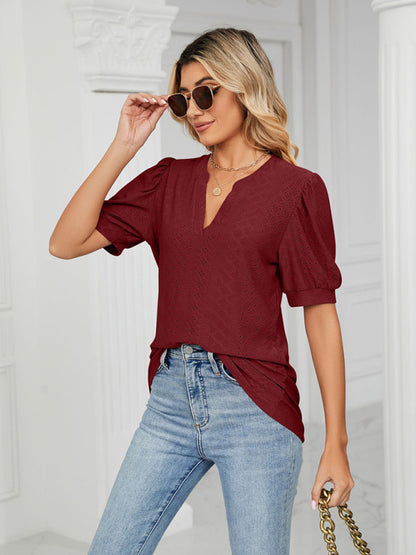 V-Neck Hollow Puff Sleeve Tank Top Rayon Women's Knit Blouse
