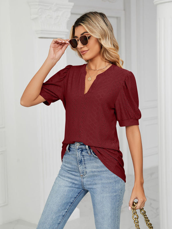 V-Neck Hollow Puff Sleeve Tank Top Rayon Women's Knit Blouse