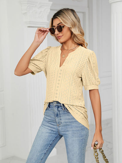 V-Neck Hollow Puff Sleeve Tank Top Rayon Women's Knit Blouse Yellow