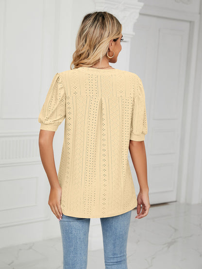 V-Neck Hollow Puff Sleeve Tank Top Rayon Women's Knit Blouse