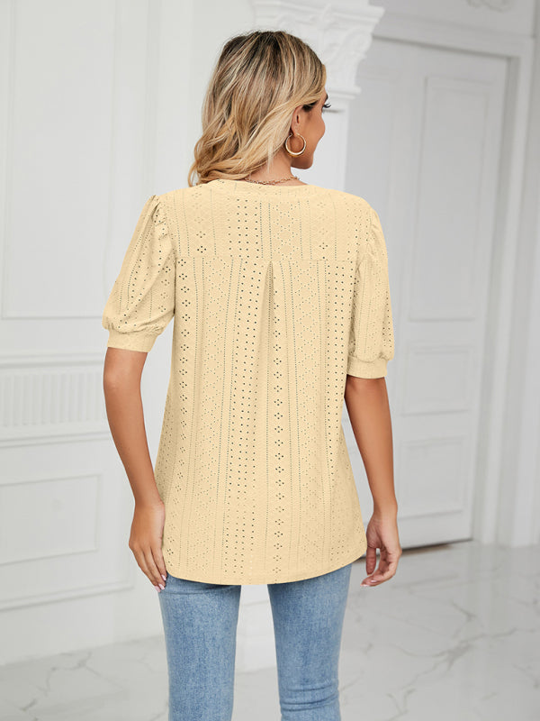 V-Neck Hollow Puff Sleeve Tank Top Rayon Women's Knit Blouse