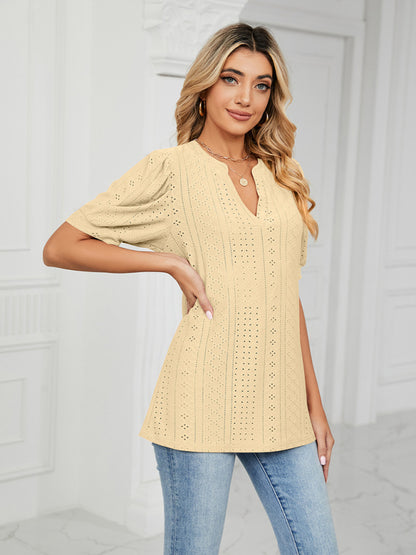 V-Neck Hollow Puff Sleeve Tank Top Rayon Women's Knit Blouse