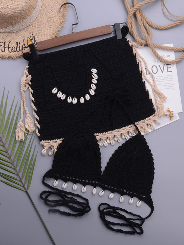 Beach vacation handmade shell solid color strappy split swimsuit suit Black