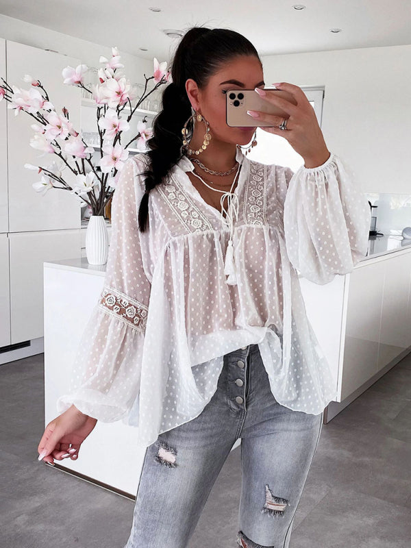 Women's Chiffon Stitching Lace Loose Balloon Sleeve Top Shirt White