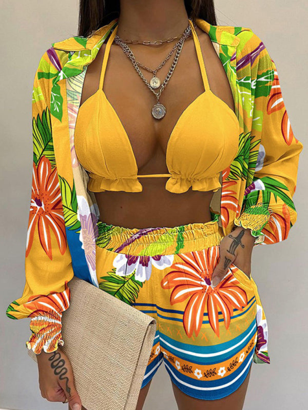 Sexy printed long-sleeved shirt and shorts three-piece suit Pattern2