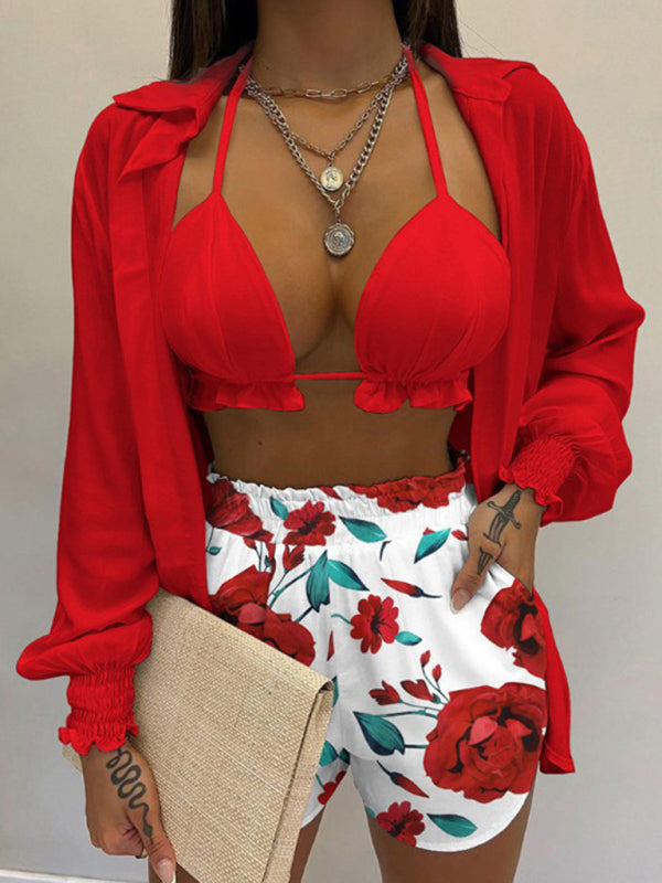 Sexy printed long-sleeved shirt and shorts three-piece suit Pattern3