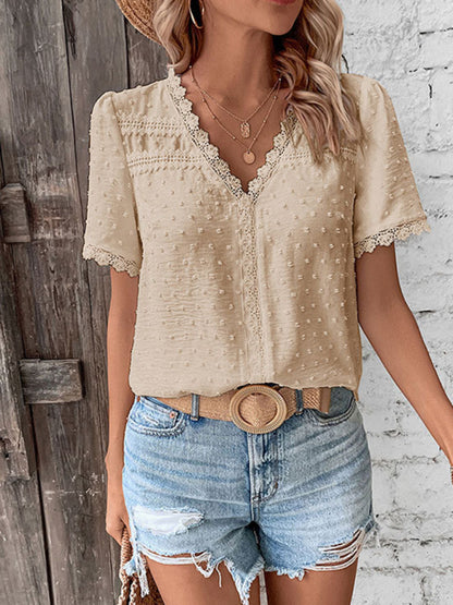 V-Neck Lace Panel Blouse - Elegant Short Sleeve Top for Women