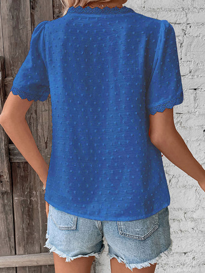 V-Neck Lace Panel Blouse - Elegant Short Sleeve Top for Women