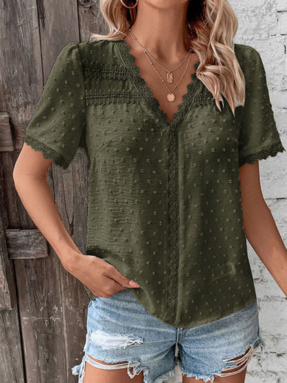 V-Neck Lace Panel Blouse - Elegant Short Sleeve Top for Women