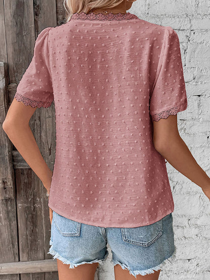 V-Neck Lace Panel Blouse - Elegant Short Sleeve Top for Women