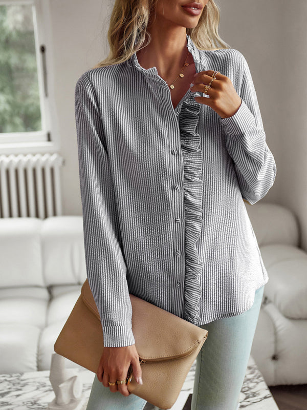 Elegant commuter open button ruffle top Black