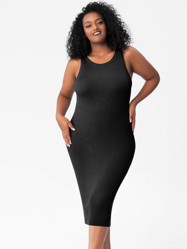 Modern fat mm round neck vest bottoming tight hip knit dress Black