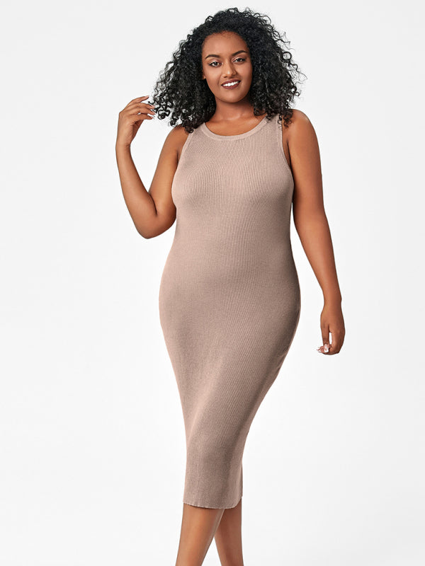 Modern fat mm round neck vest bottoming tight hip knit dress Camel