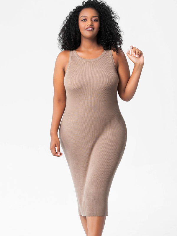 Modern fat mm round neck vest bottoming tight hip knit dress