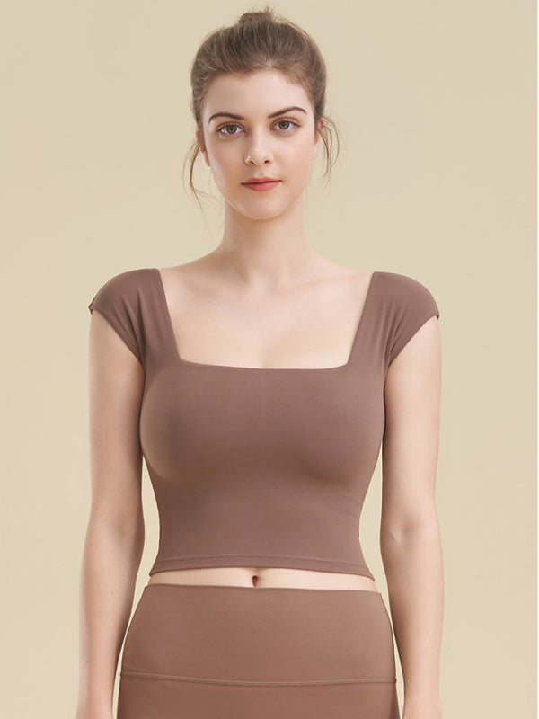 Women's Square Neck Sports Tight Tank Top for Yoga Khaki