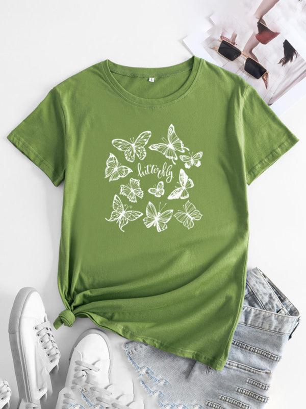 Butterfly Print Round Neck T-Shirt Cotton Short Sleeve Women's Top Olive green