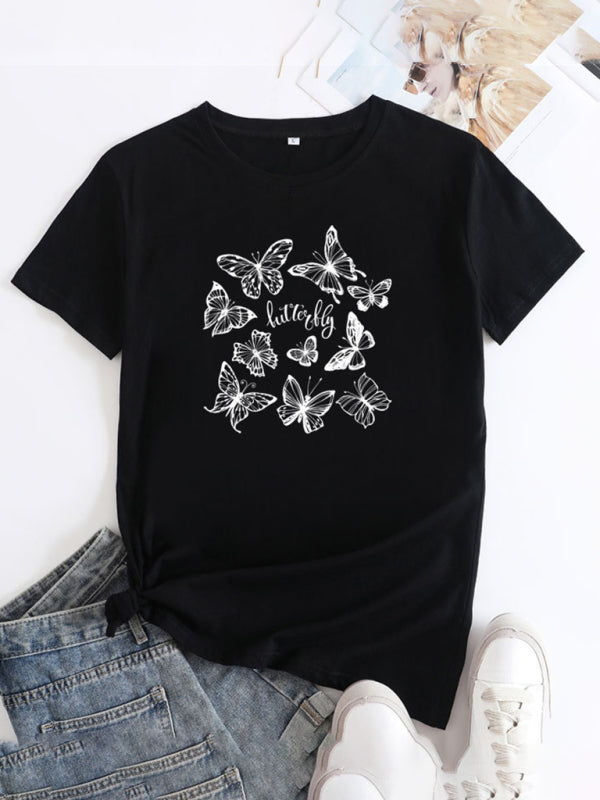 Butterfly Print Round Neck T-Shirt Cotton Short Sleeve Women's Top Black
