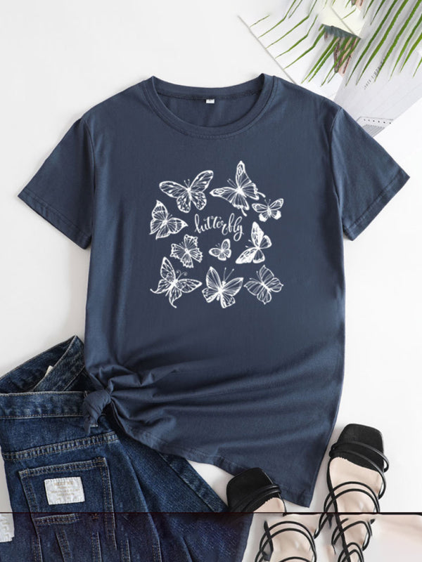 Butterfly Print Round Neck T-Shirt Cotton Short Sleeve Women's Top Purplish blue navy