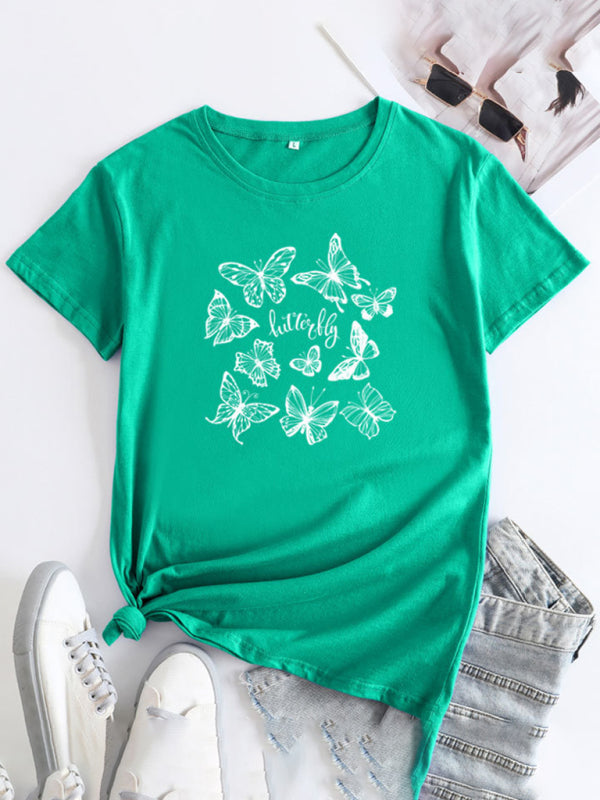 Butterfly Print Round Neck T-Shirt Cotton Short Sleeve Women's Top Deep green