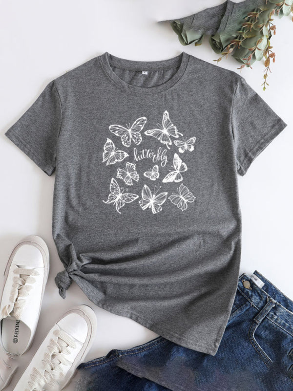 Butterfly Print Round Neck T-Shirt Cotton Short Sleeve Women's Top Charcoal grey