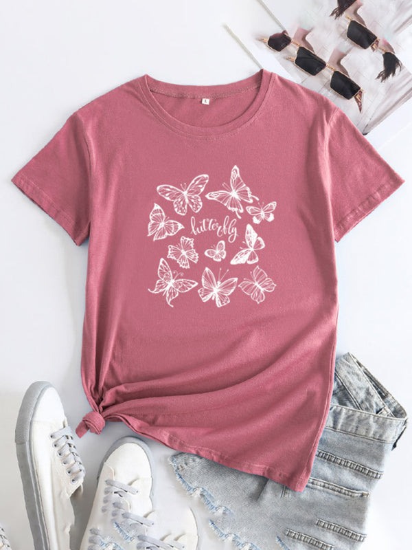Butterfly Print Round Neck T-Shirt Cotton Short Sleeve Women's Top Misty rose