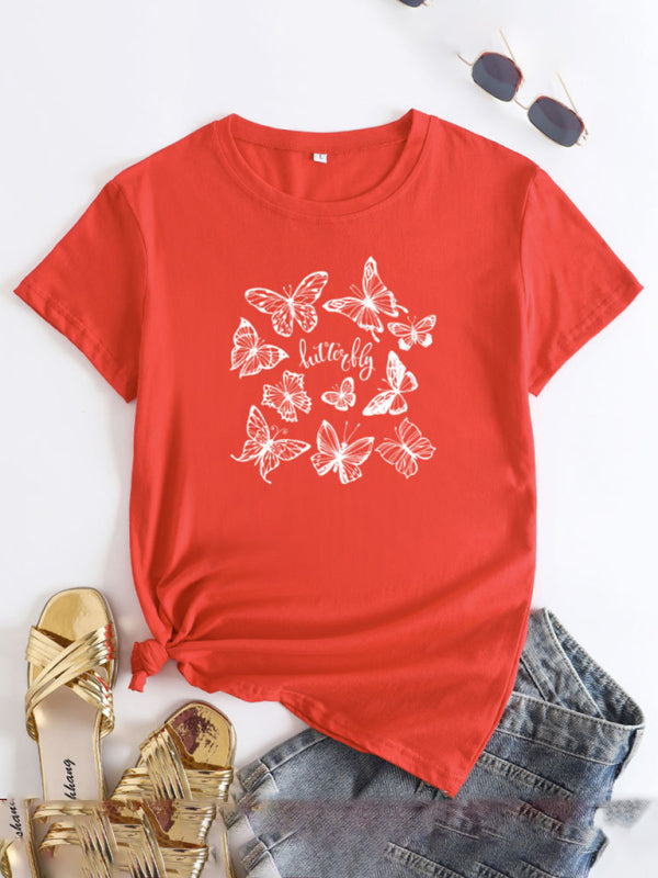 Butterfly Print Round Neck T-Shirt Cotton Short Sleeve Women's Top Orange