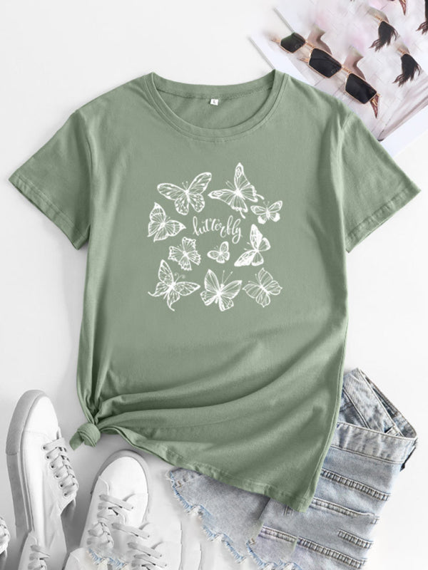 Butterfly Print Round Neck T-Shirt Cotton Short Sleeve Women's Top Pea green grey