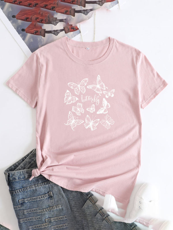 Butterfly Print Round Neck T-Shirt Cotton Short Sleeve Women's Top Pink