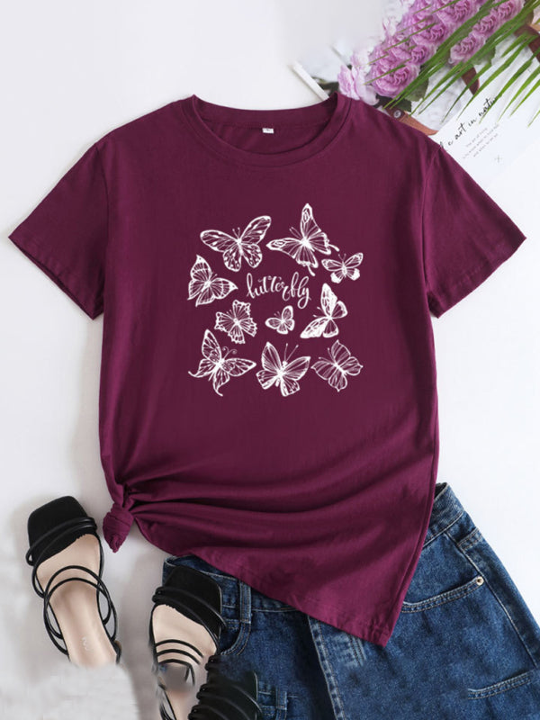 Butterfly Print Round Neck T-Shirt Cotton Short Sleeve Women's Top Wine Red