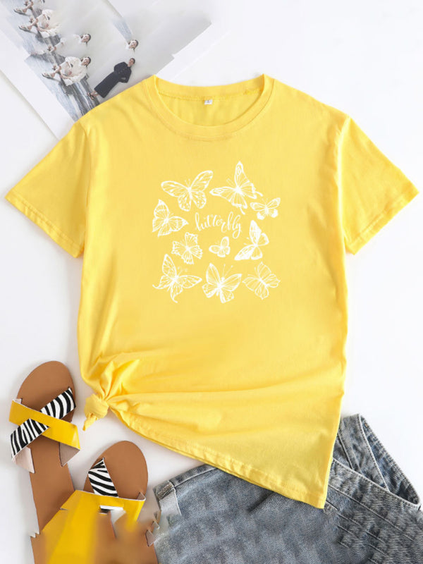 Butterfly Print Round Neck T-Shirt Cotton Short Sleeve Women's Top Yellow