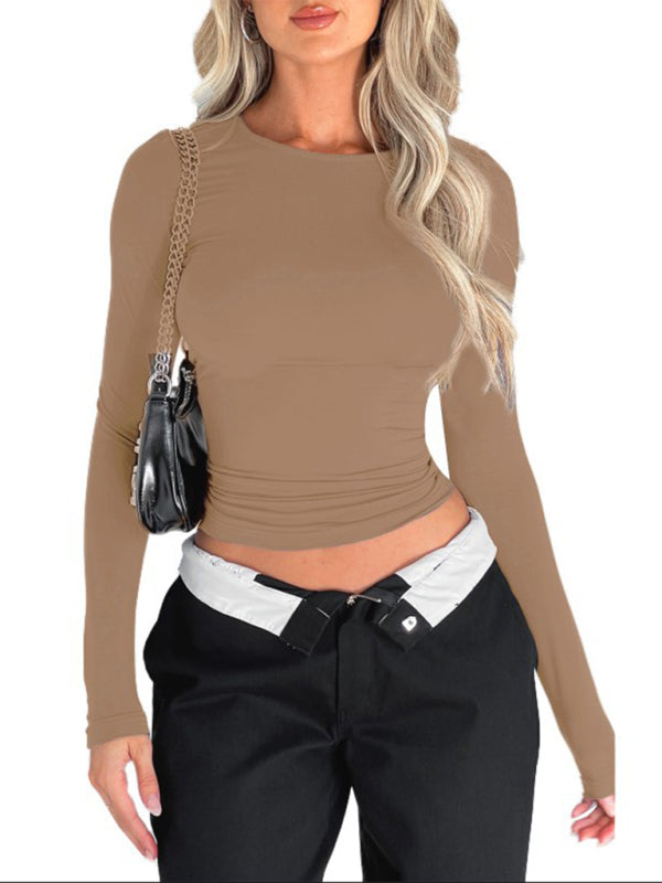 Solid color slim fit pullover t-shirt women's streetwear bottoming shirt top Khaki