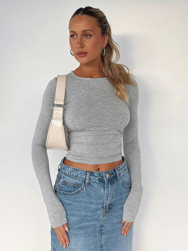 Solid color slim fit pullover t-shirt women's streetwear bottoming shirt top Misty grey