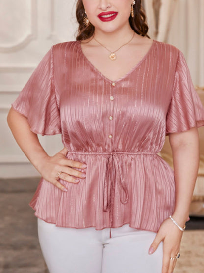 New large size women's retro solid color V-neck tops waist tie shirt short-sleeved tops