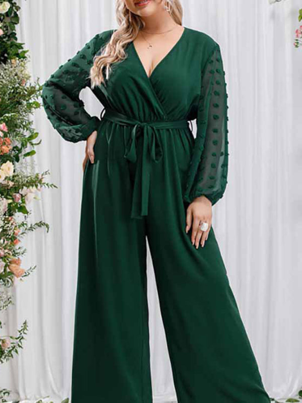 Modern Plus Size Women's Sexy Bowknot Lady Lace Straight Loose High Waist Solid Color Jumpsuit Green
