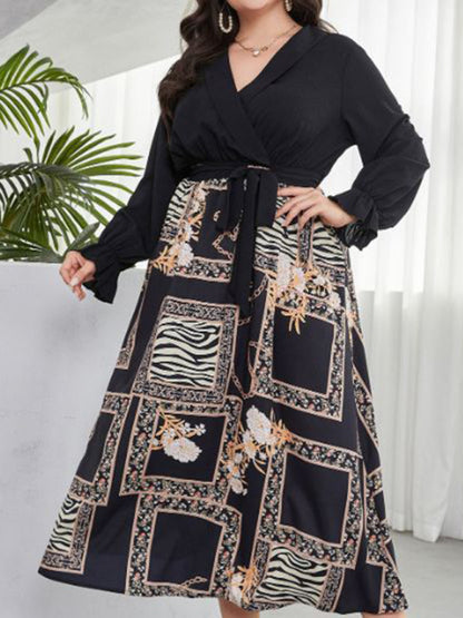 Modern style plus size women's temperament age reduction simple tie print dress Black