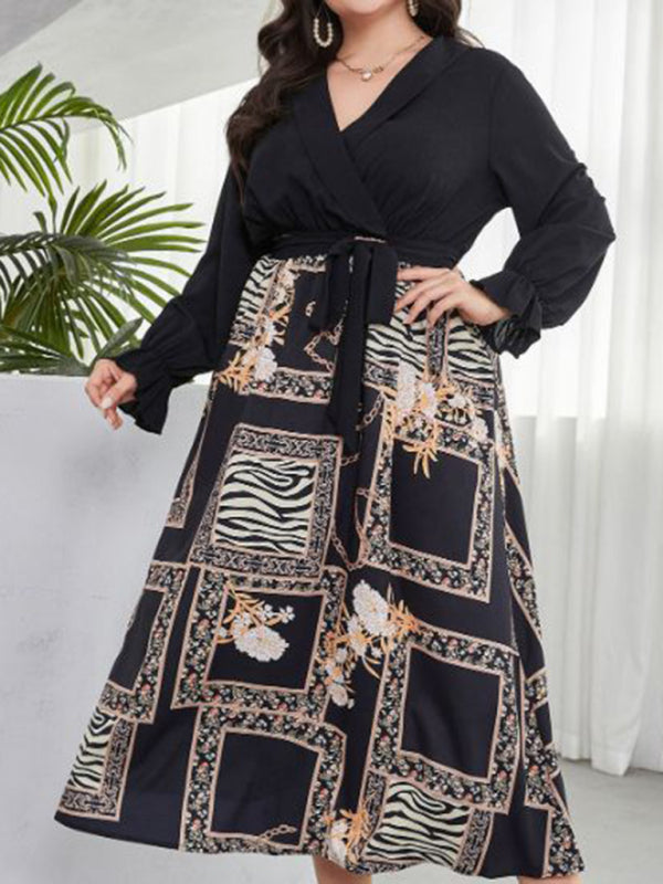 Modern style plus size women's temperament age reduction simple tie print dress Black