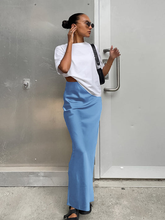 Elegant High Waisted Satin Long Skirt Women Spring Summer Blue