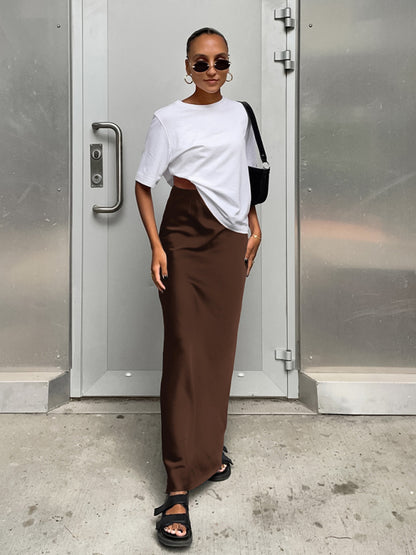Elegant High Waisted Satin Long Skirt Women Spring Summer Brown