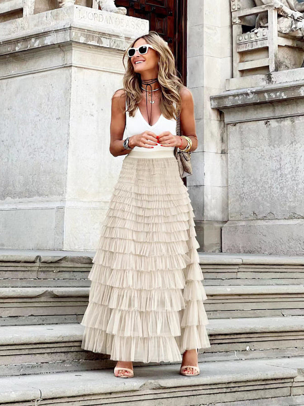 Layered Mesh Swing Skirt for Women - Multi-Tier Flowy A-Line Skirt Cracker khaki