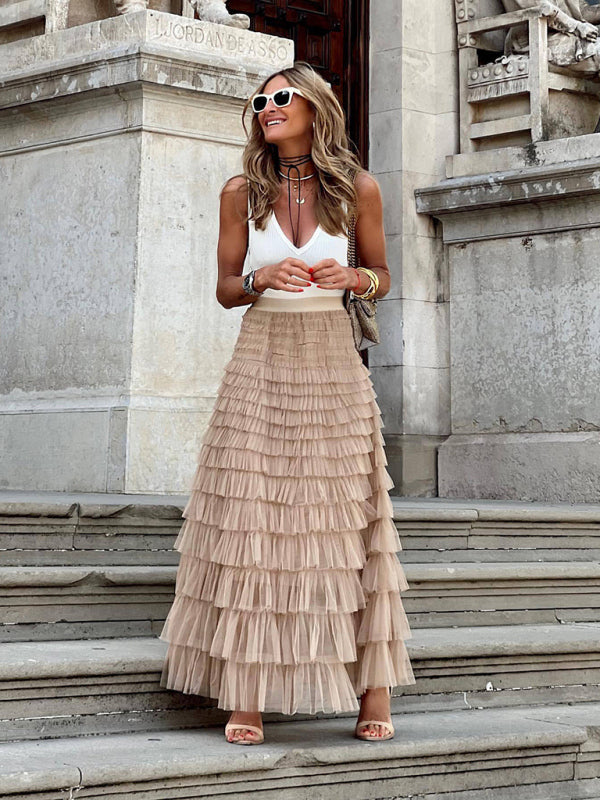 Layered Mesh Swing Skirt for Women - Multi-Tier Flowy A-Line Skirt